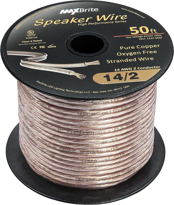 50 ft. Spool High Performance 14 Gauge Speaker Wire, Oxygen Free Pure Copper - UL Listed Class 2