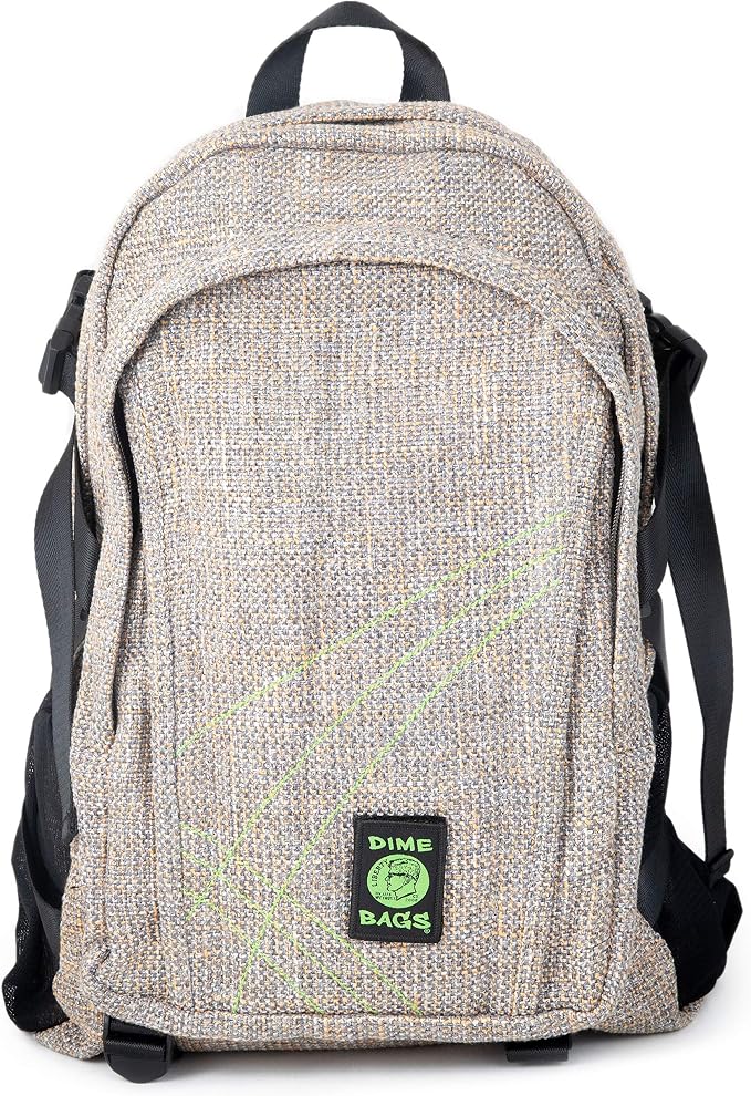 DIME BAGS Backpack For Travel, Durable Hempster Material, 9 Storage Compartments & 2 Side Bottle Pockets, Fits 17” Laptop, Adjustable Padded Straps, Hidden Internal Pocket (Sand)