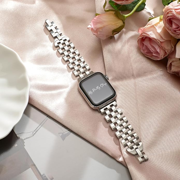 My Pretty Strap - Compatible Apple Watch Band Strap, Stainless Steel Fashion iWatch Replacement Strap- Easy Resizing, No Tool Needed, Fits Most Wrists- Compatible with Series 1-11, SE and Ultra