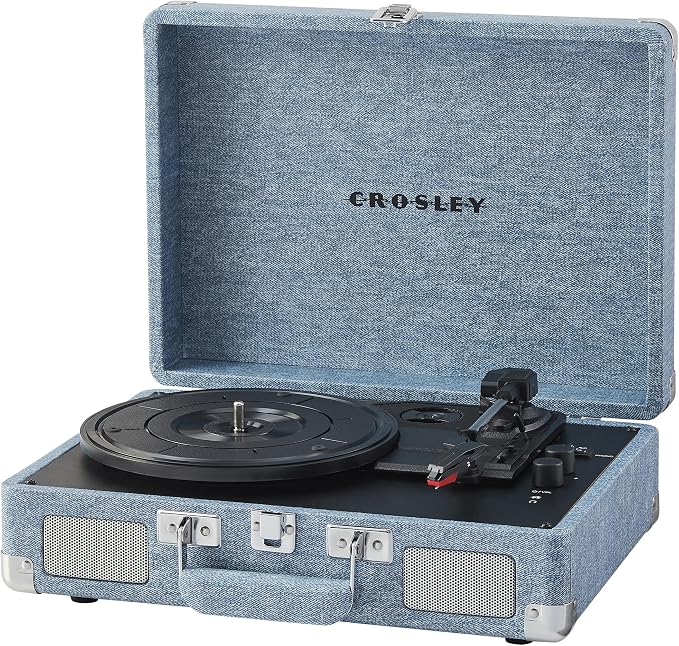 Crosley CR8005F-WD Cruiser Plus Vintage 3-Speed Bluetooth in/Out Suitcase Vinyl Record Player Turntable with Built-in Speakers, Washed Denim