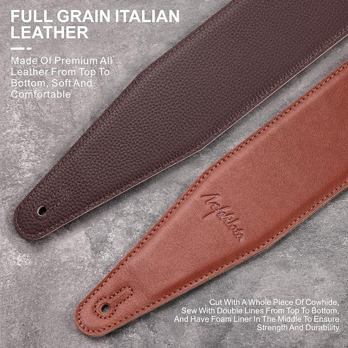 Nefelibata 3" Wide Guitar Strap, Full Grain Italian Leather Adjustable Guitar Straps with Foam Padding for Bass, Electric, and Acoustic Guitars