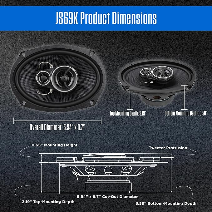 Jensen APEX Power Series JS69K 6x9 3-Way Premium Aramid Fiber Car Speakers (Pair) | 375 Watts Peak Power (100W RMS) per Speaker | 30mm PEI Dome Tweeters | Delivers Punchy Bass & Crystal-Clear Vocals