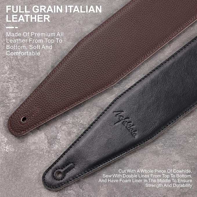 Nefelibata 3" Wide Guitar Strap, Full Grain Italian Leather Adjustable Guitar Straps with Foam Padding for Bass, Electric, and Acoustic Guitars