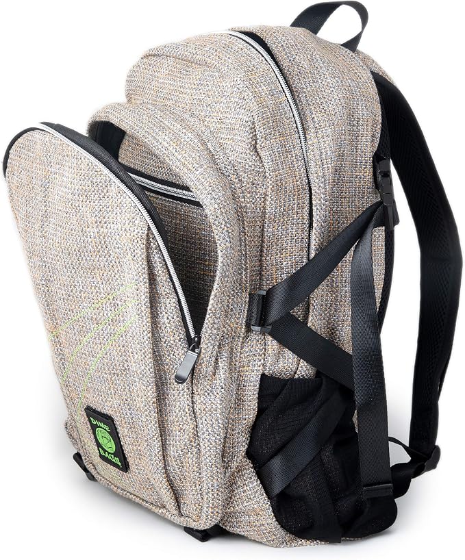 DIME BAGS Backpack For Travel, Durable Hempster Material, 9 Storage Compartments & 2 Side Bottle Pockets, Fits 17” Laptop, Adjustable Padded Straps, Hidden Internal Pocket (Sand)