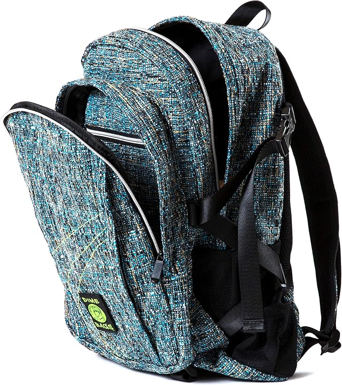 Dime Bags Backpack For Travel & School, Durable Hempster Material, 9 Storage Compartments & 2 Side Bottle Pockets, Fits 17” Laptop, Adjustable Padded Straps, Hidden Internal Pocket (Glass)