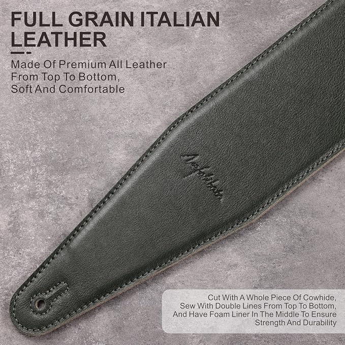 Nefelibata 3.8" Wide Guitar Strap, Full Grain Italian Leather Adjustable Guitar Straps with Foam Padding for Bass, Electric, and Acoustic Guitars