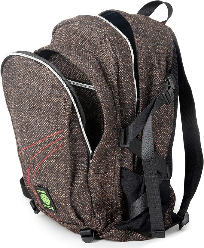 DIME BAGS Backpack For Travel & School, Durable Hempster Material, 9 Storage Compartments & 2 Side Bottle Pockets, Fits 17” Laptop, Adjustable Padded Straps, Hidden Internal Pocket (Earth)