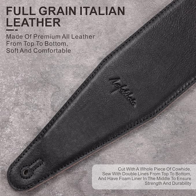 Nefelibata 3.8" Wide Guitar Strap, Full Grain Italian Leather Adjustable Guitar Straps with Foam Padding for Bass, Electric, and Acoustic Guitars