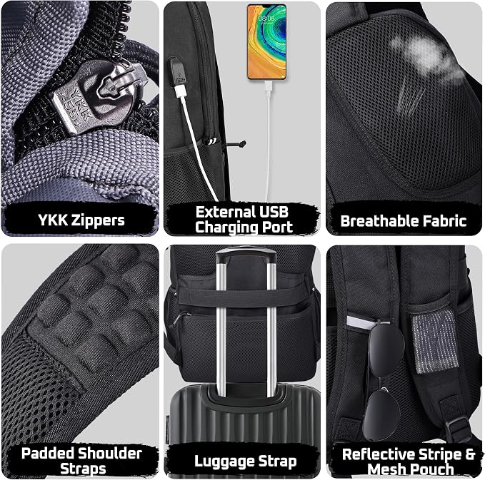 MOZETO Laptop Lunch Backpack for Men, Tactical Inspired Utility Anti-Theft Work Bag with Cooler Compartment Lunchbox (Black, 17 Inch)